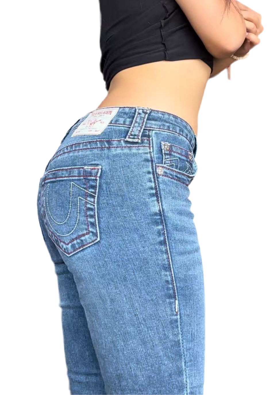 True Religion Billie Mid Rise Straight Jeans – Dark Wash, Red Stitching