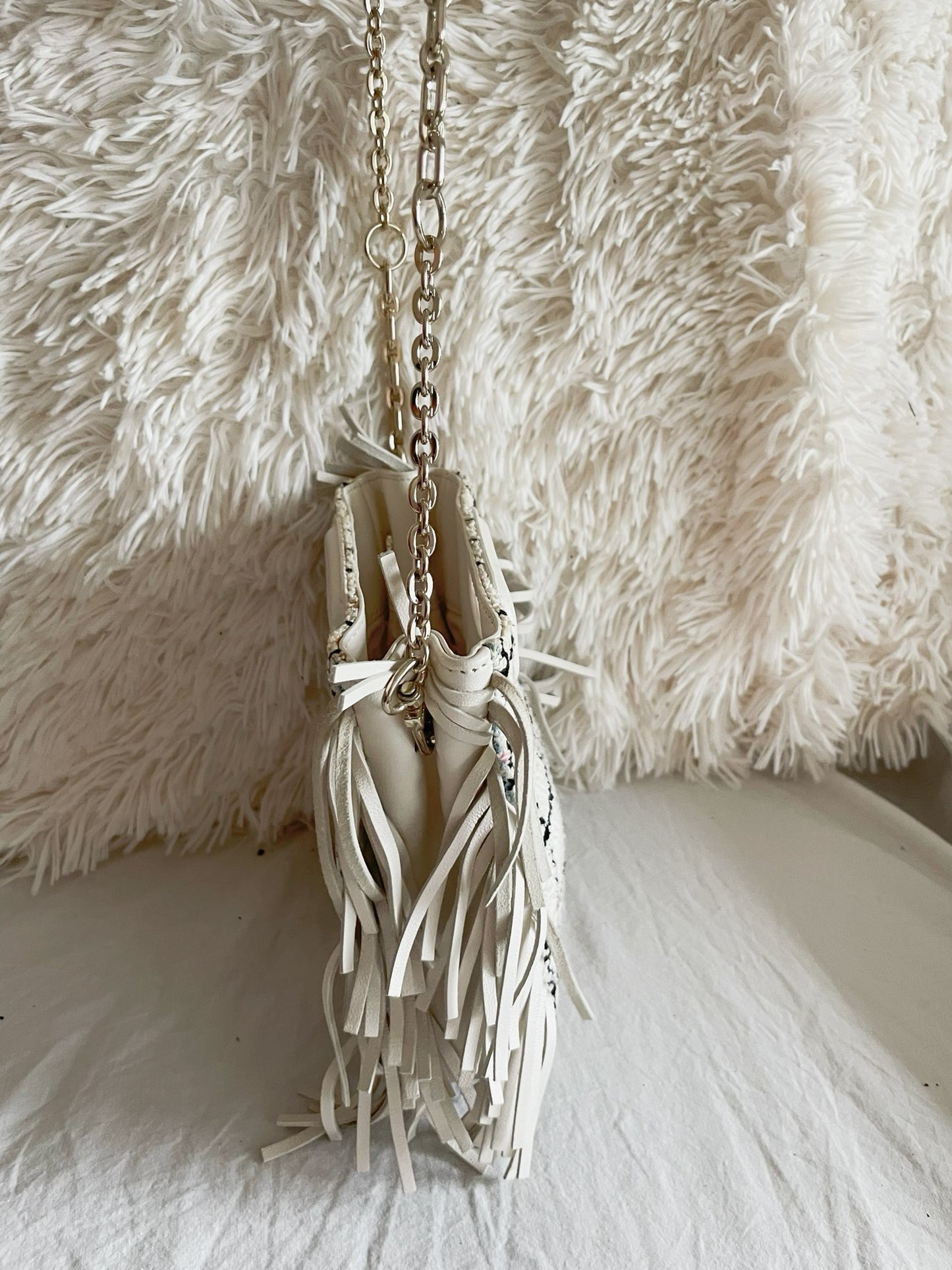 Maje Tweed Mini Bag – White Multicolor Check with Fringe