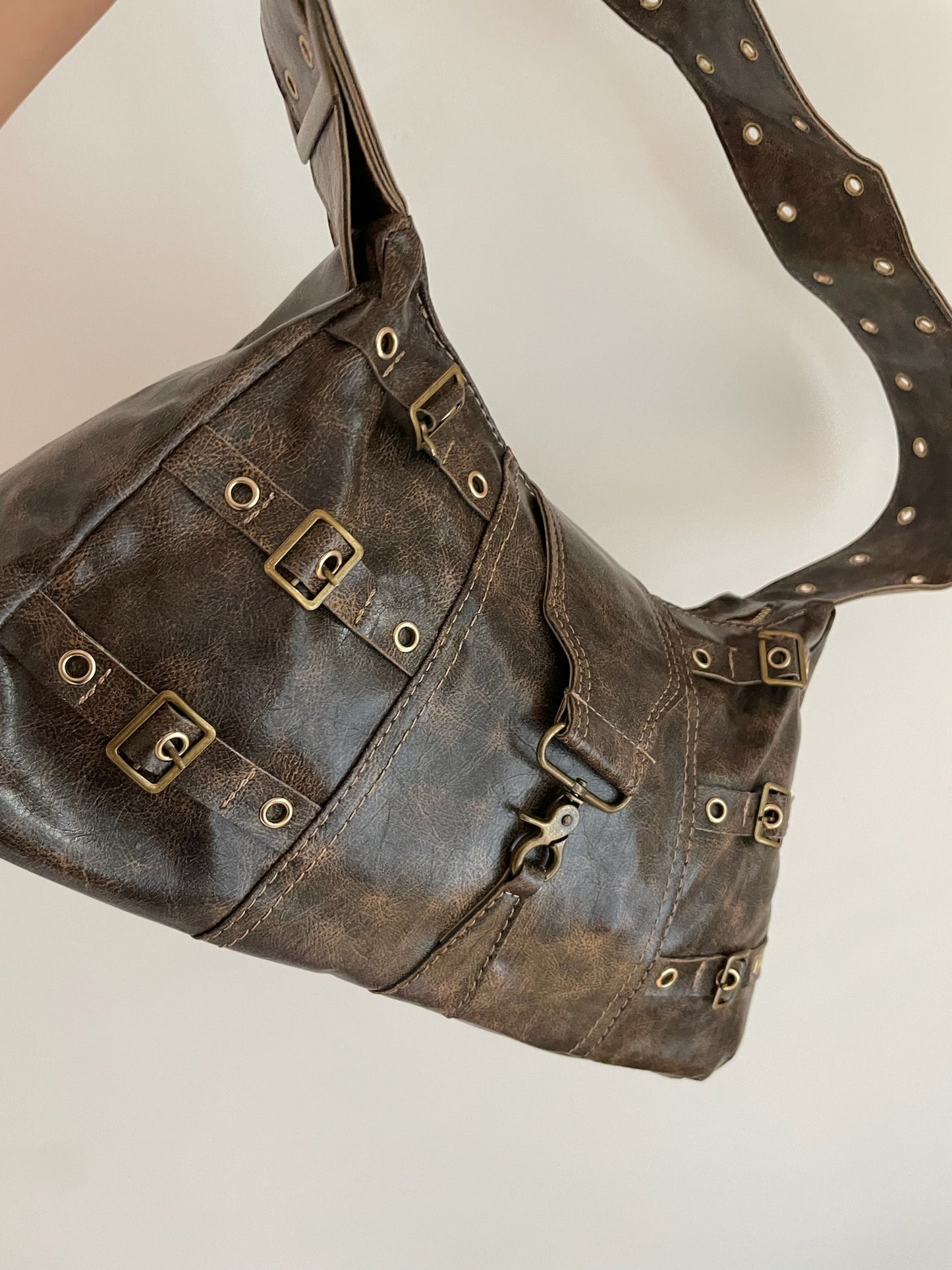 Vintage Buckle Shoulder Bag – Brown Distressed Faux Leather