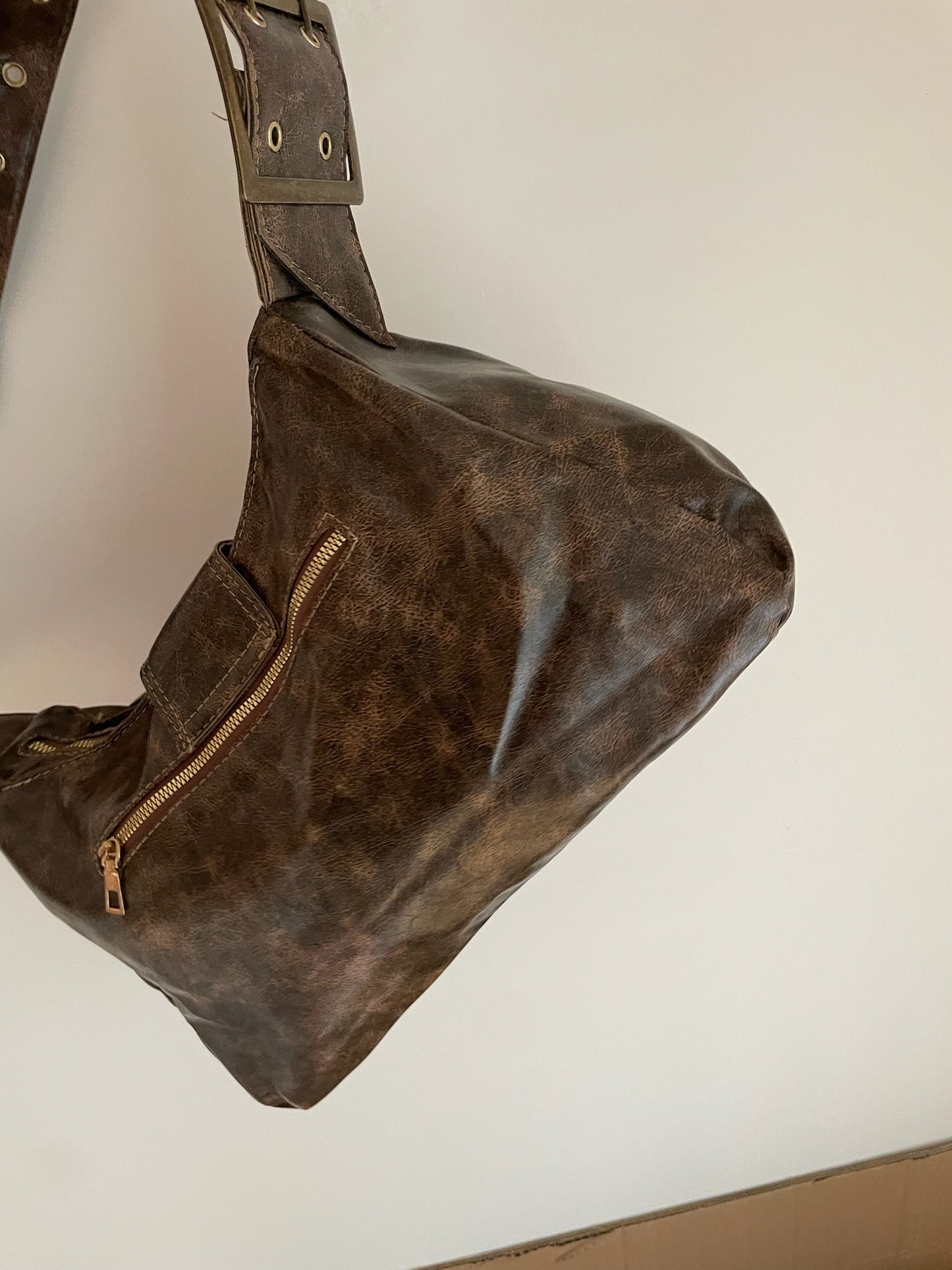 Vintage Buckle Shoulder Bag – Brown Distressed Faux Leather