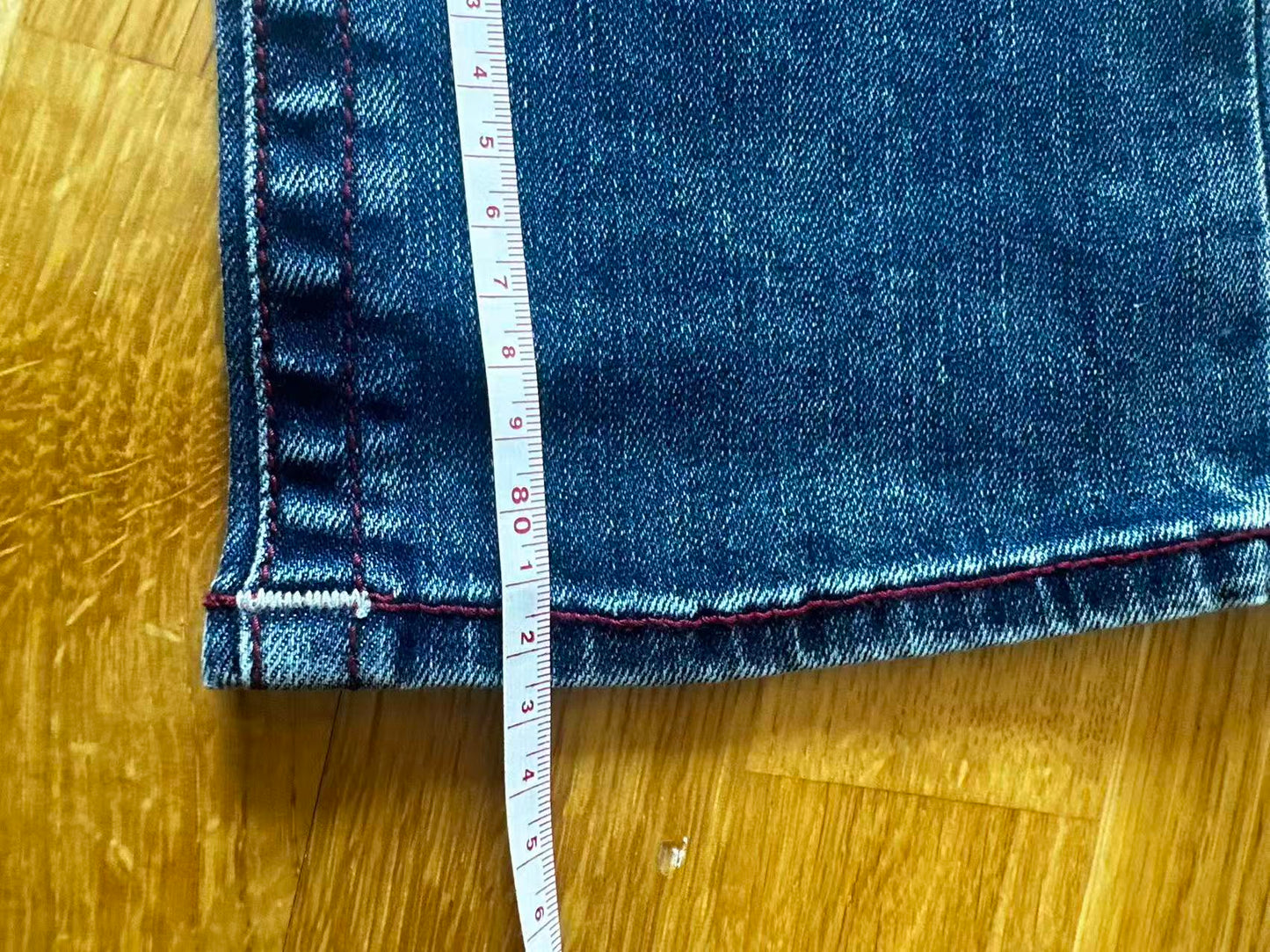 True Religion Billie Mid Rise Straight Jeans – Dark Wash, Red Stitching