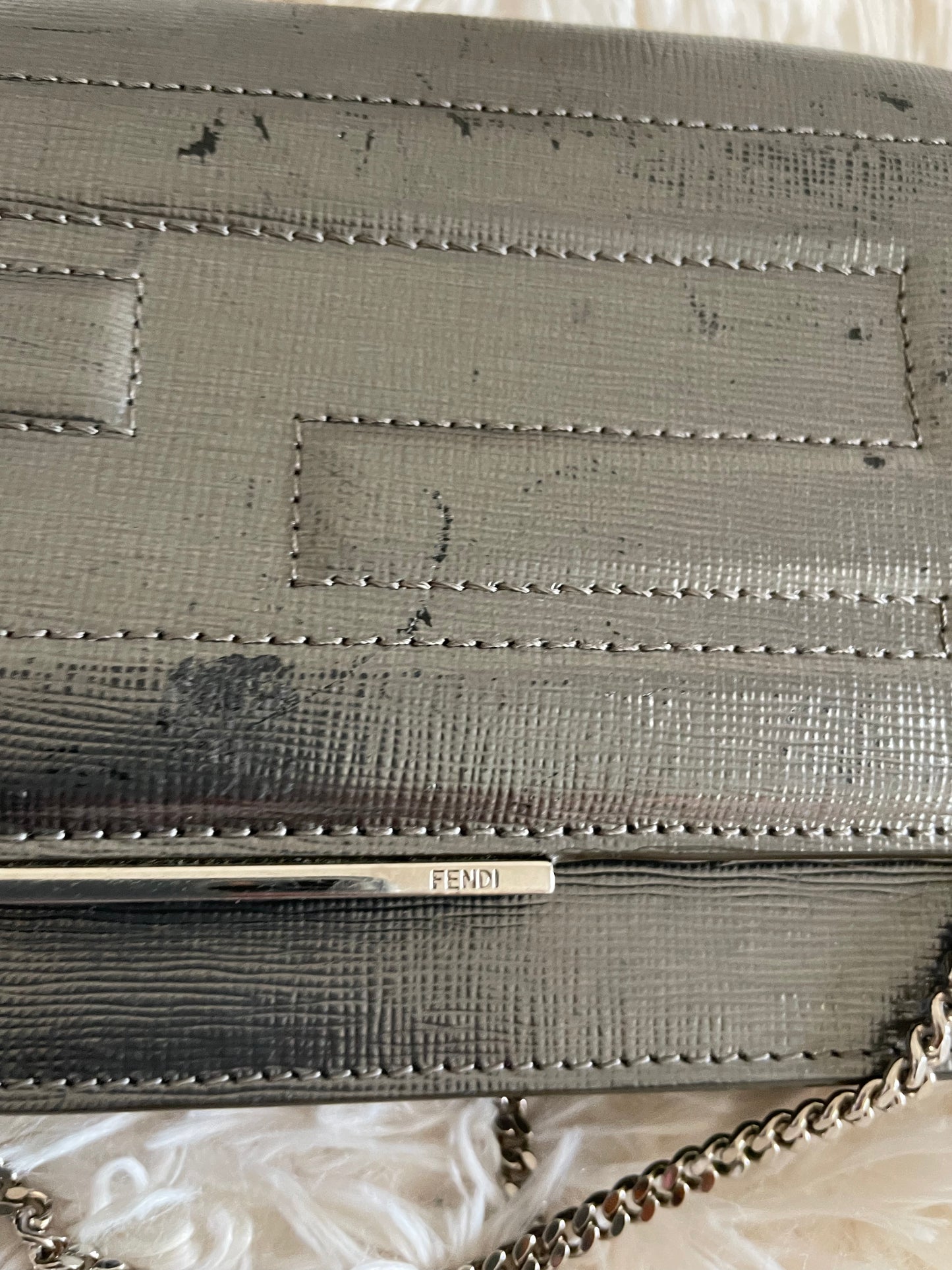 Fendi Baguette Chain Wallet – Metallic Silver Leather