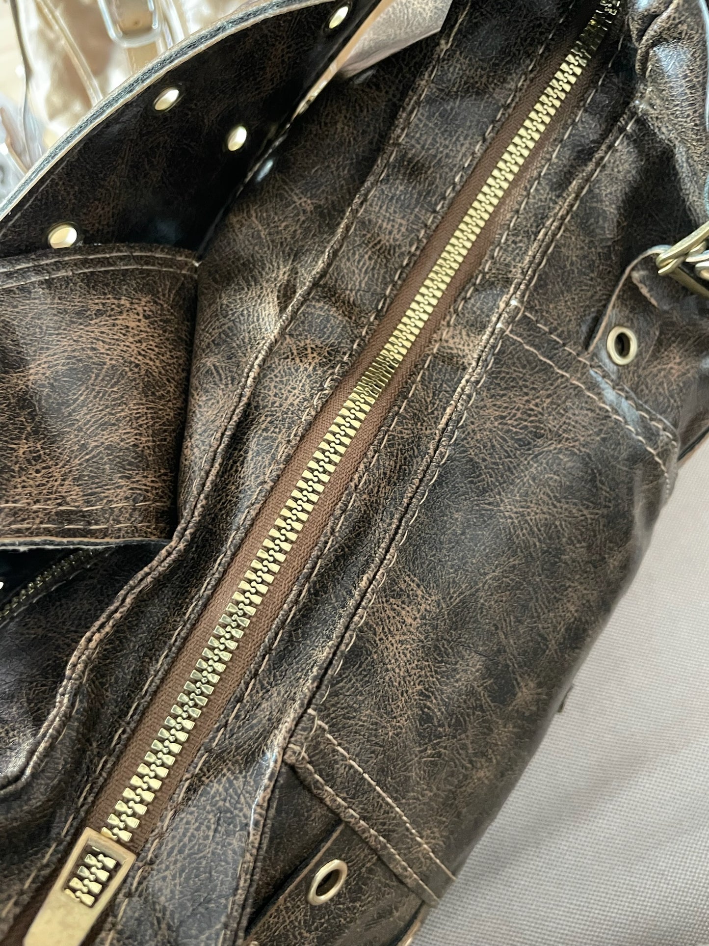 Vintage Buckle Shoulder Bag – Brown Distressed Faux Leather