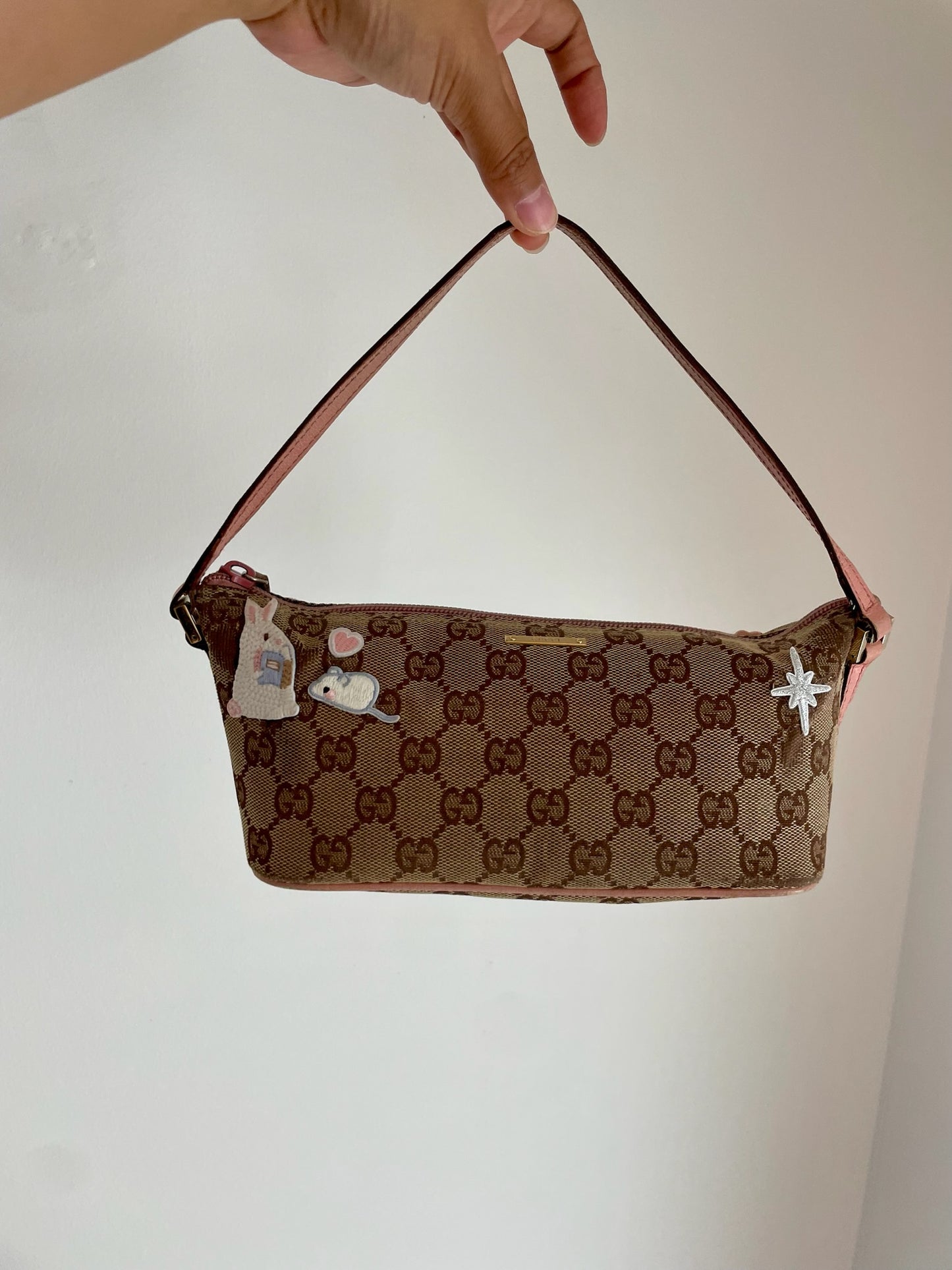 Gucci GG Canvas Shoulder Bag with Pink Leather Trim