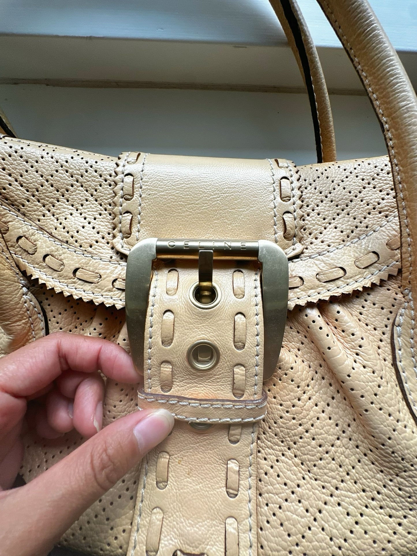 Céline Vintage Boogie Bag Perforated Leather with Buckle – Beige