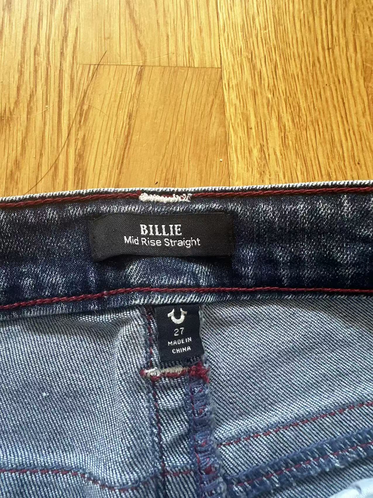 True Religion Billie Mid Rise Straight Jeans – Dark Wash, Red Stitching