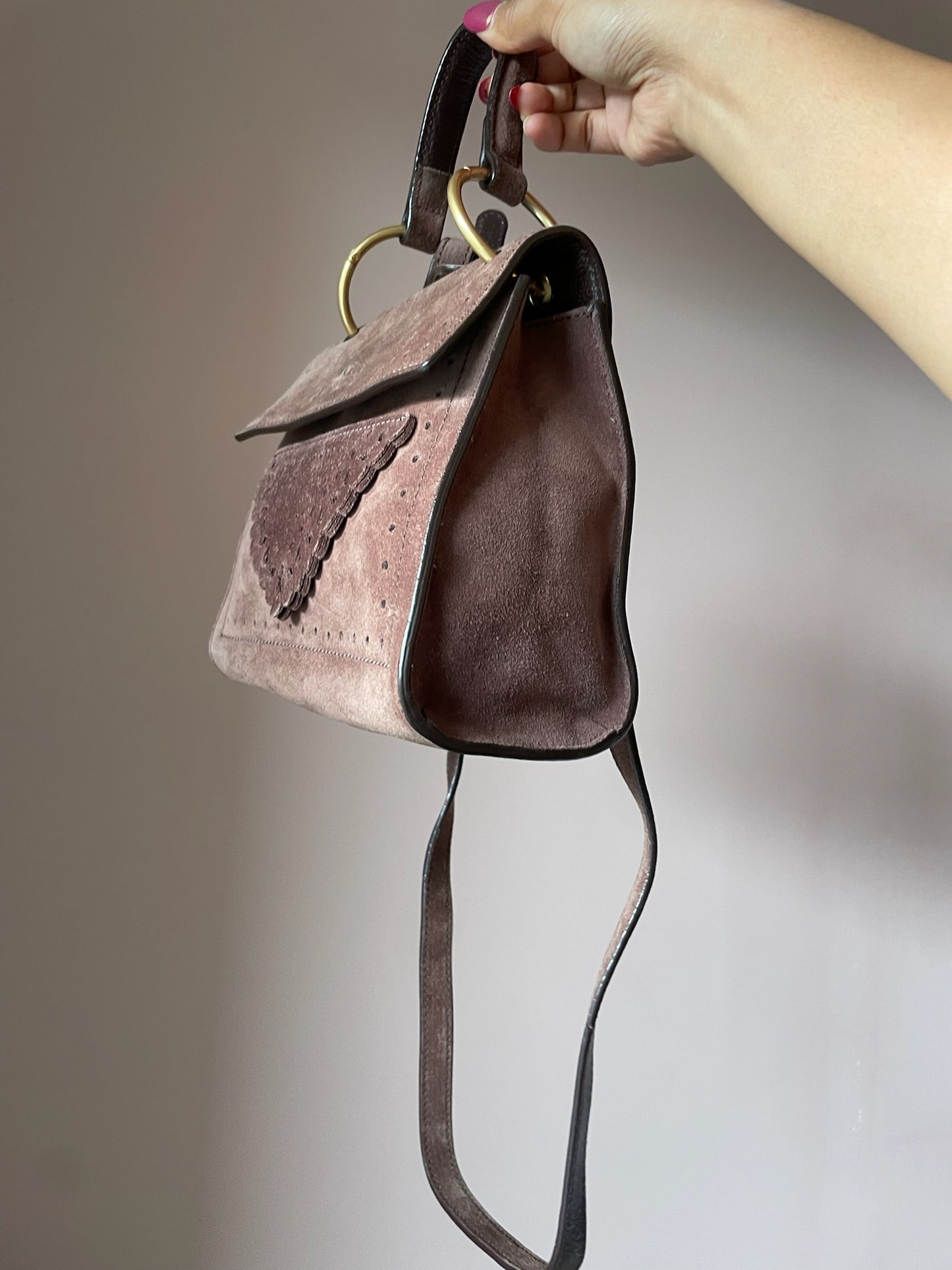 Coccinelle Vintage Top Handle Bag – Suede Leather, Dusty Rose