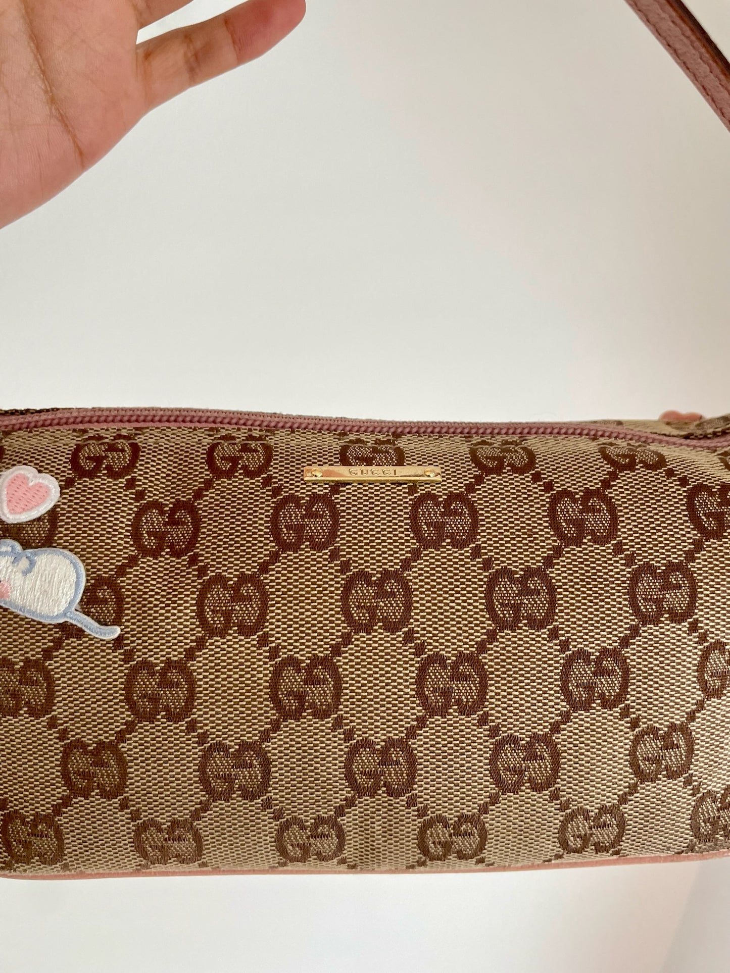 Gucci GG Canvas Shoulder Bag with Pink Leather Trim