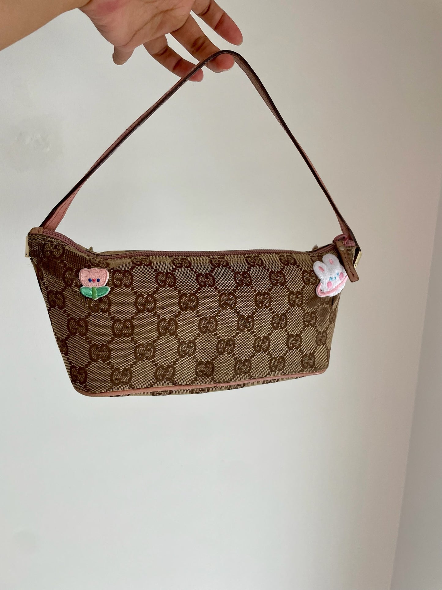 Gucci GG Canvas Shoulder Bag with Pink Leather Trim