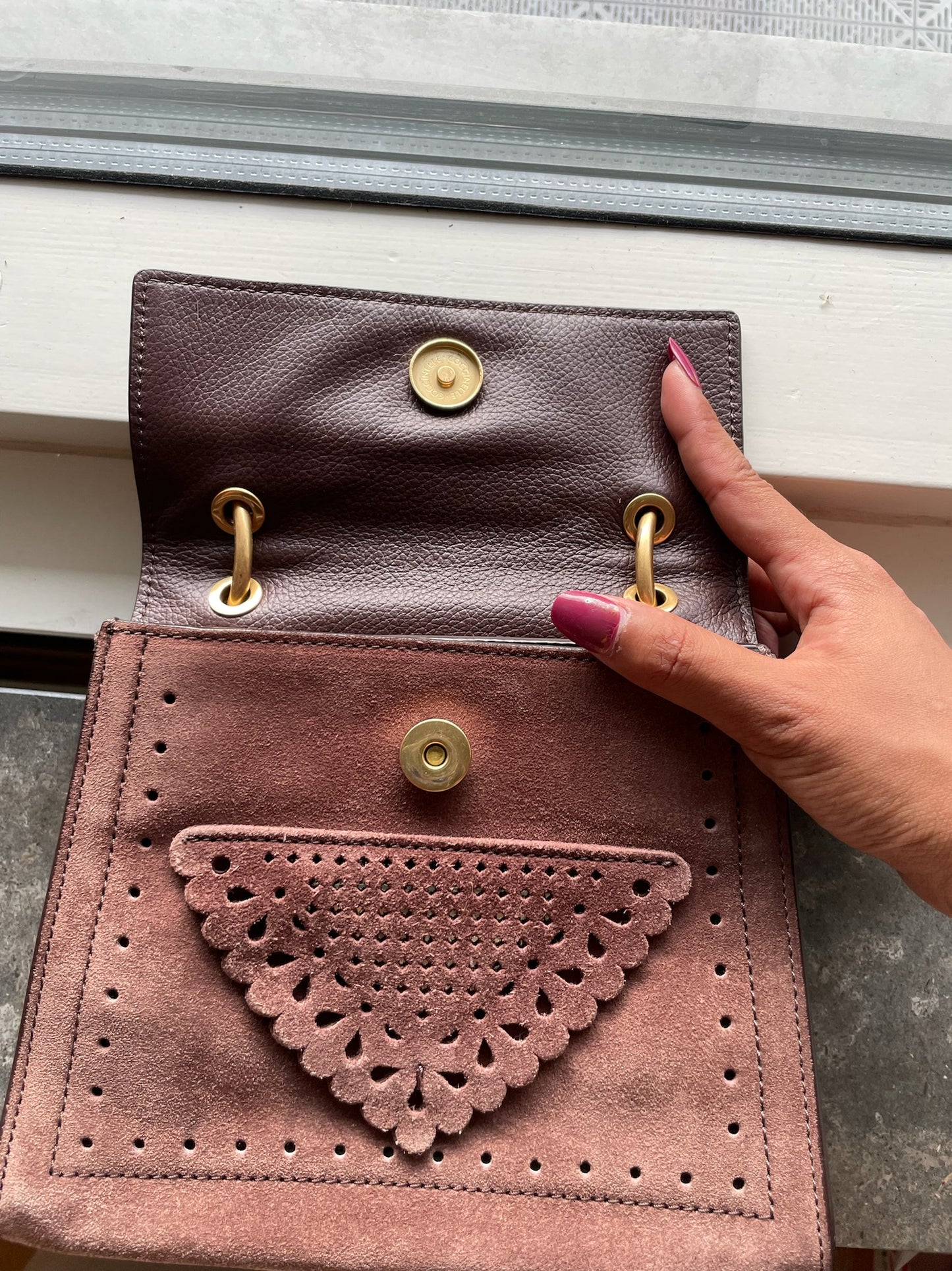 Coccinelle Vintage Top Handle Bag – Suede Leather, Dusty Rose