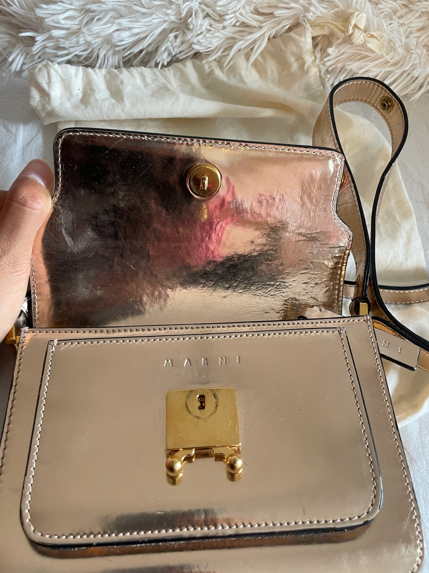 Marni Small Trunk Bag – Patent Leather, Beige