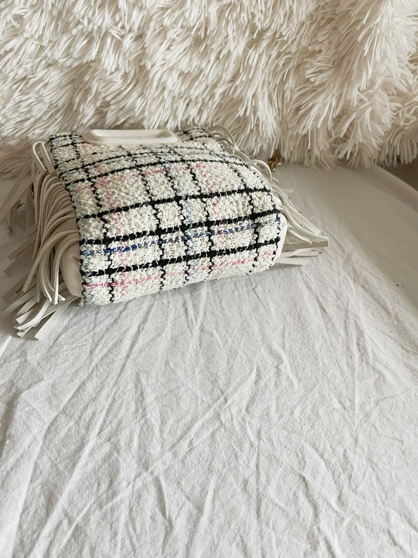 Maje Tweed Mini Bag – White Multicolor Check with Fringe