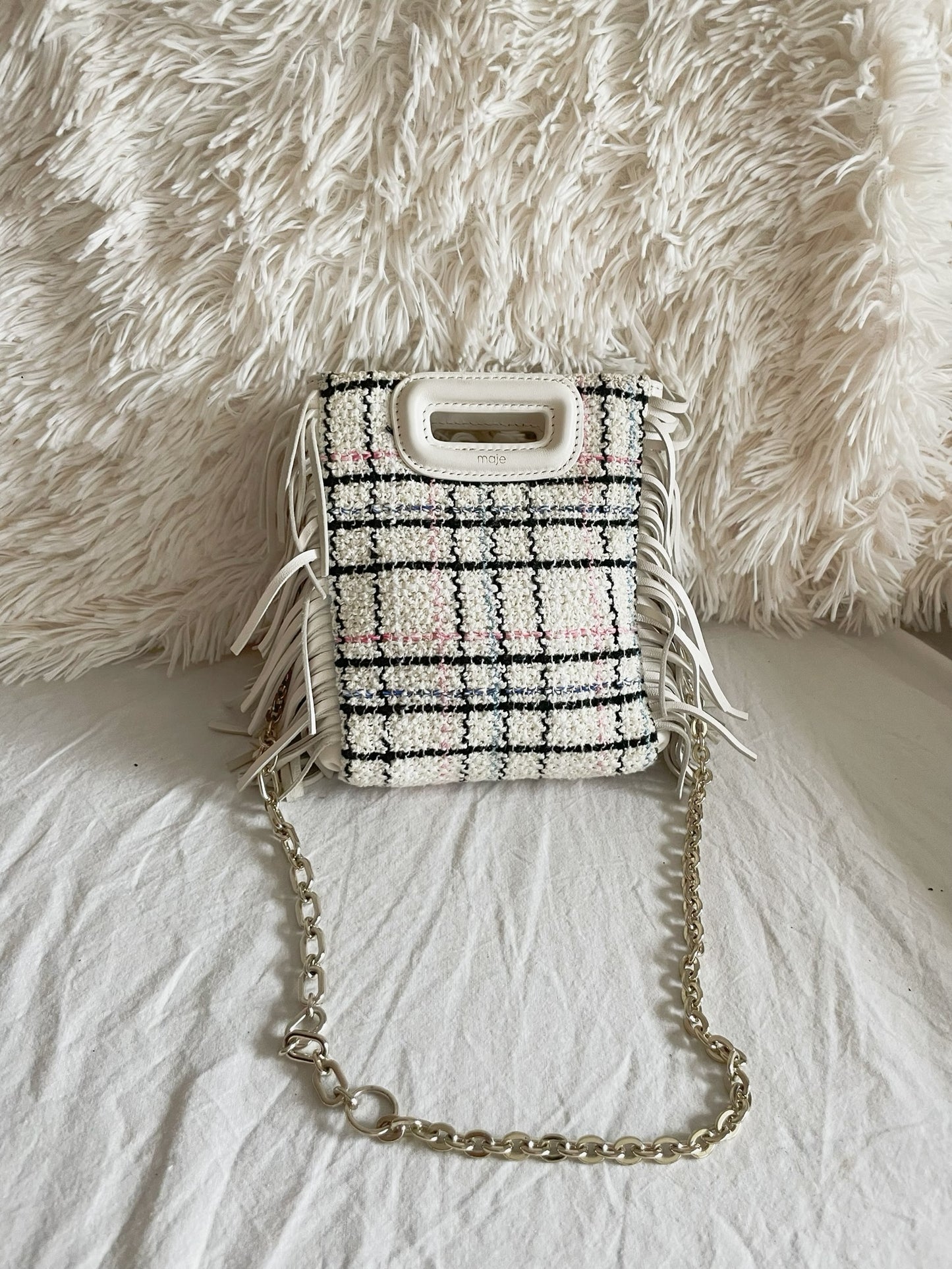 Maje Tweed Mini Bag – White Multicolor Check with Fringe