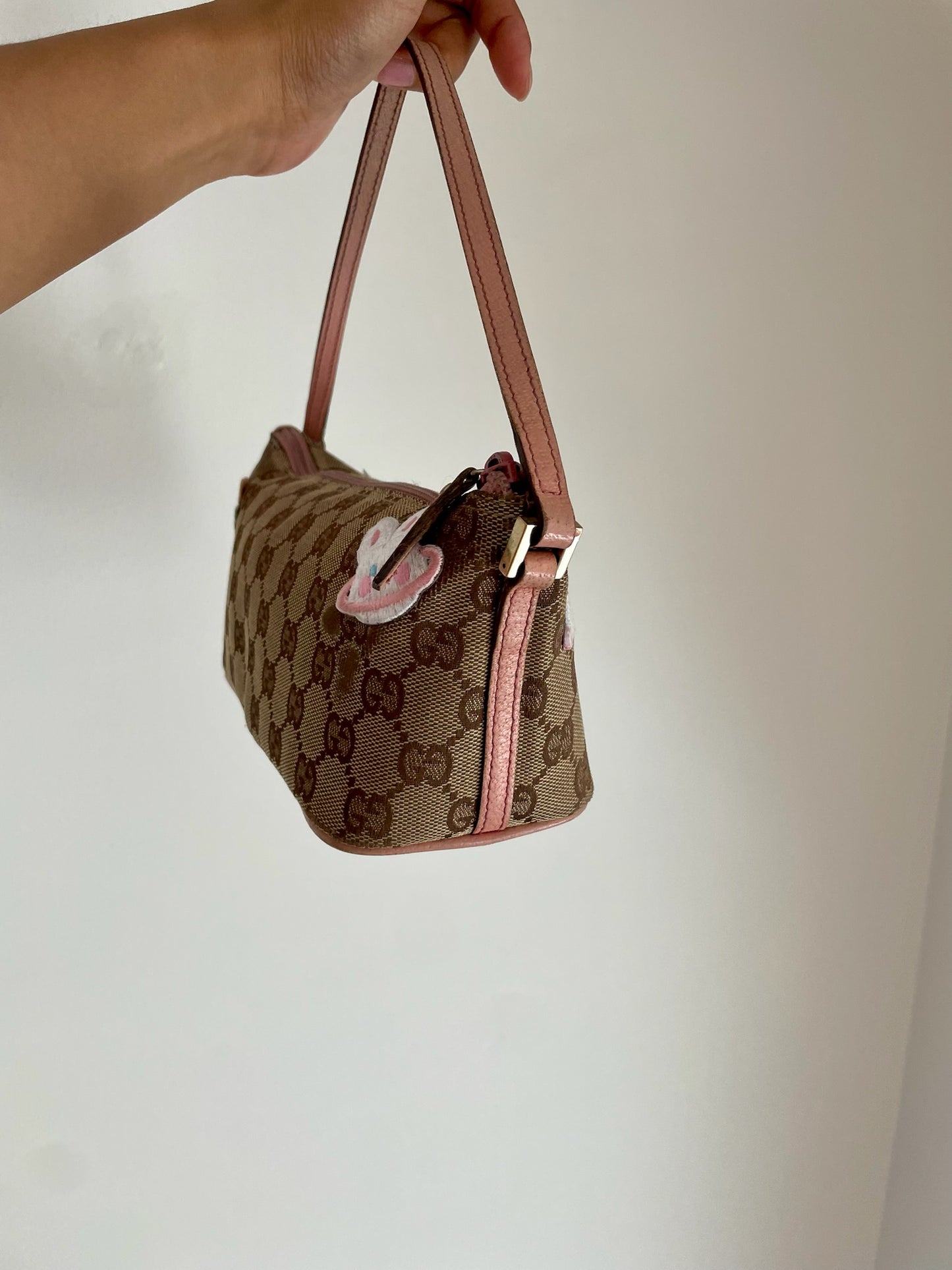 Gucci GG Canvas Shoulder Bag with Pink Leather Trim