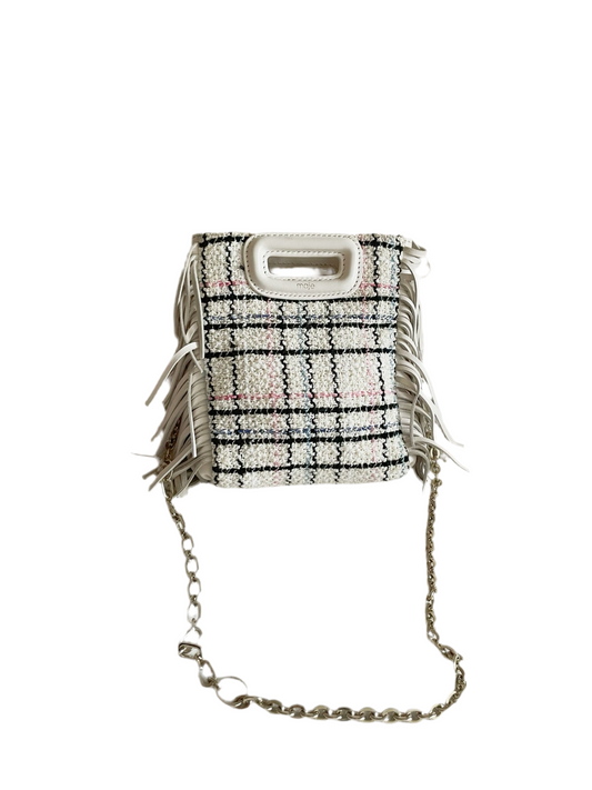 Maje Tweed Mini Bag – White Multicolor Check with Fringe