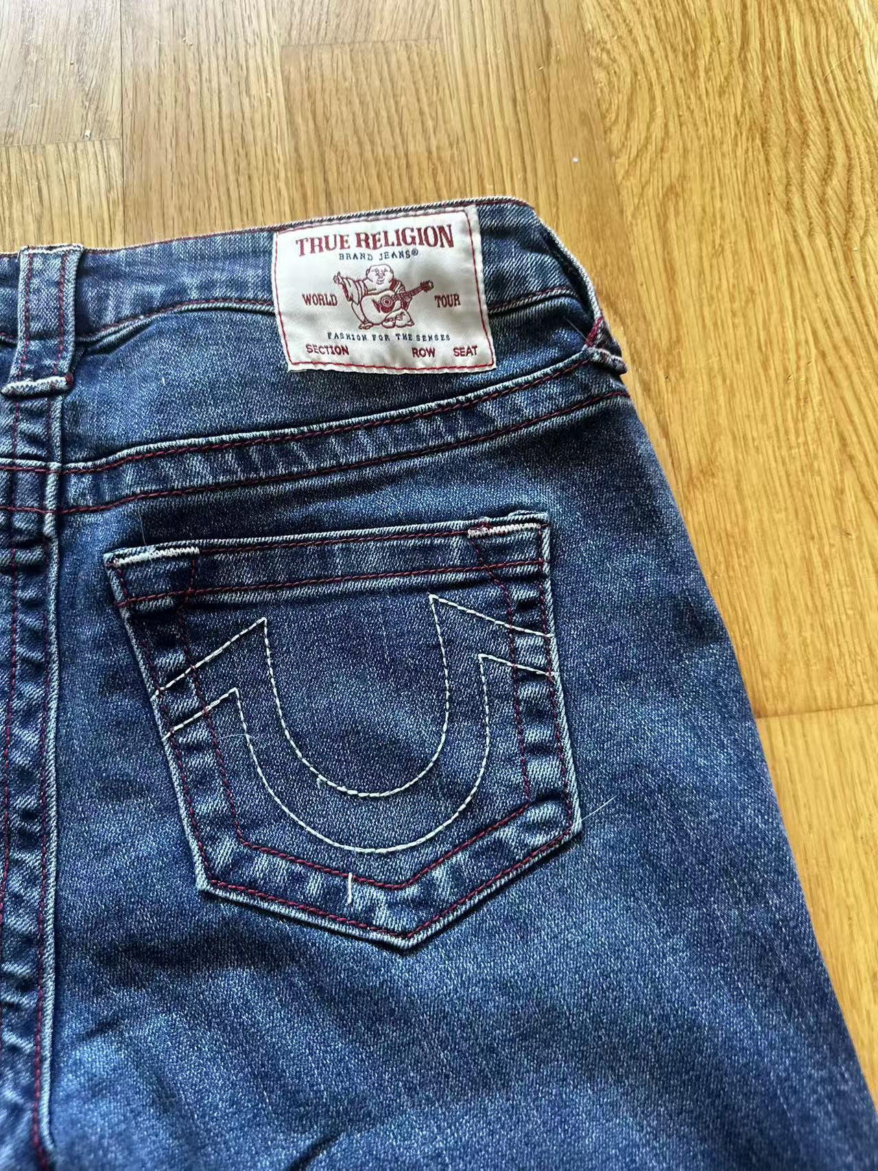 True Religion Billie Mid Rise Straight Jeans – Dark Wash, Red Stitching
