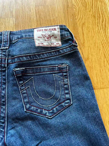 True Religion Billie Mid Rise Straight Jeans – Dark Wash, Red Stitching