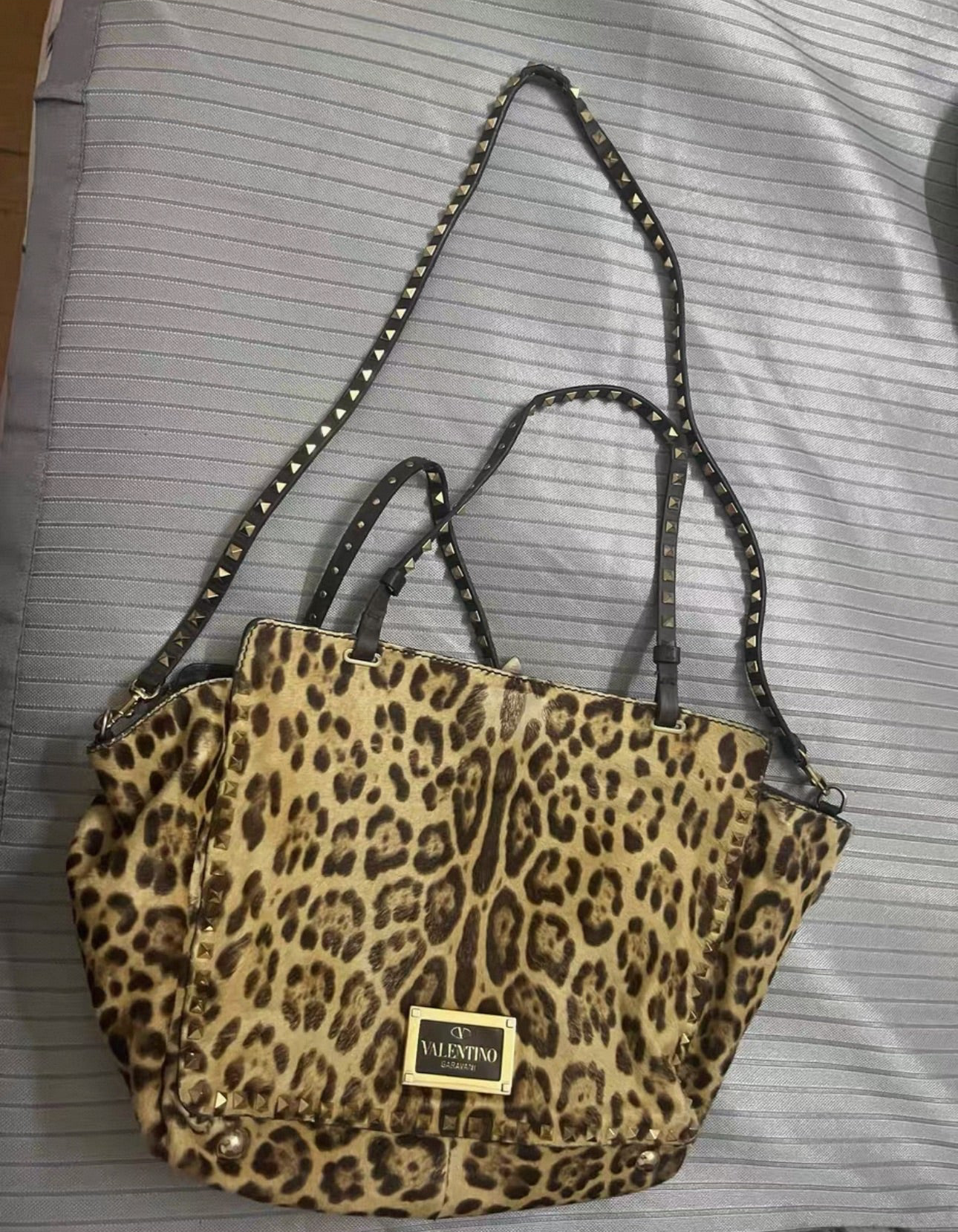 Valentino Leopard Pony Hair Rockstud Tote Bag – Brown/Gold