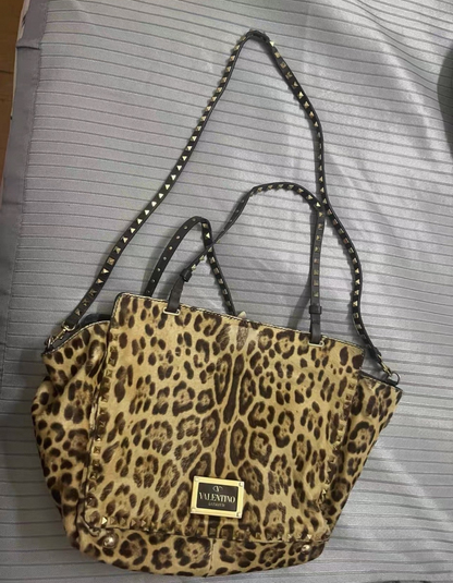 Valentino Leopard Pony Hair Rockstud Tote Bag – Brown/Gold