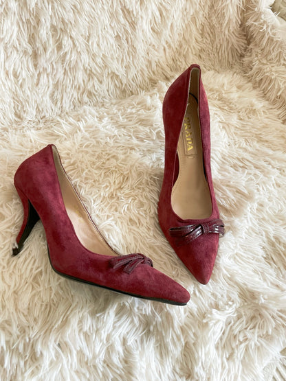 Prada Suede Bow Pumps – Burgundy