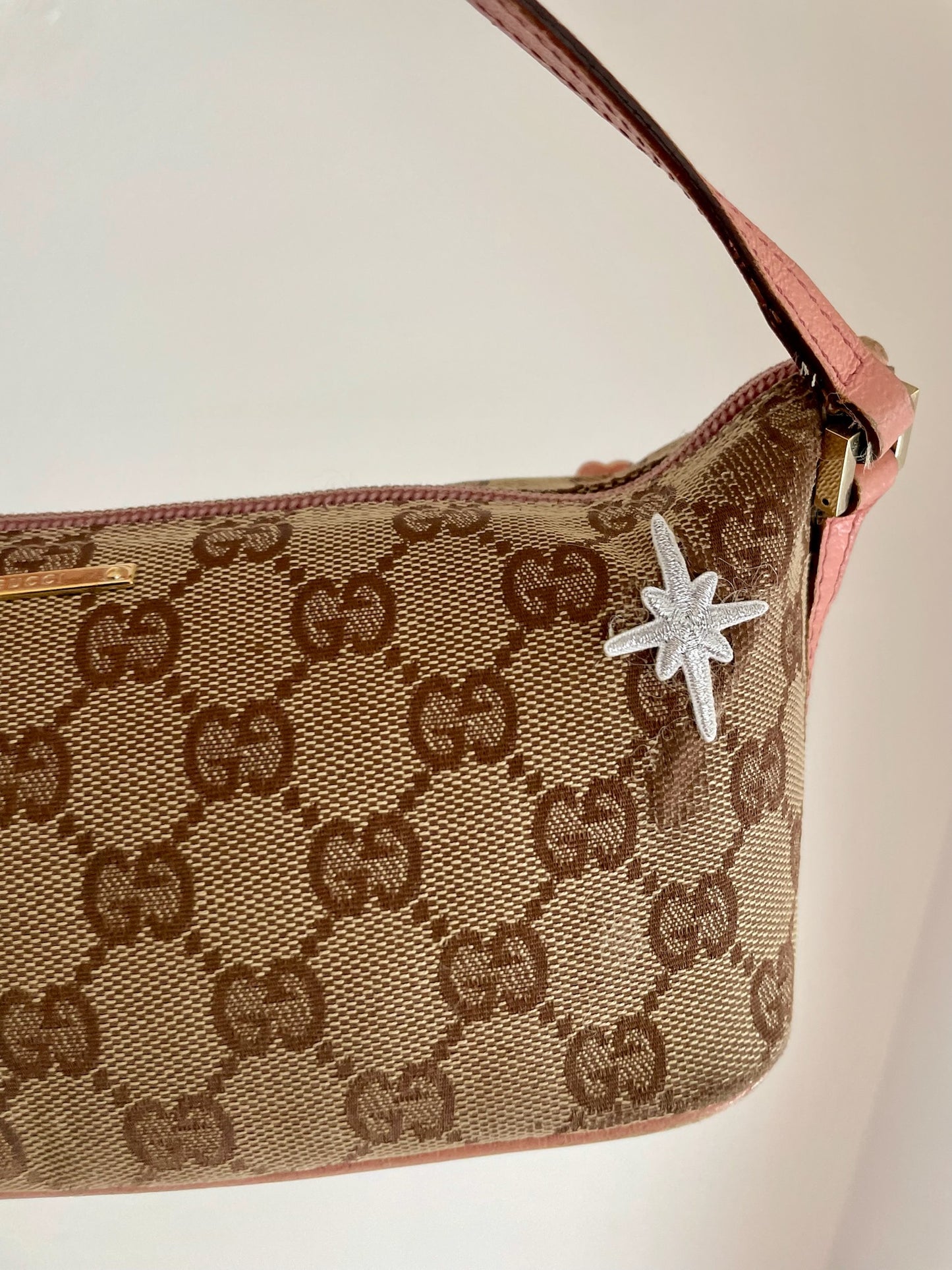 Gucci GG Canvas Shoulder Bag with Pink Leather Trim