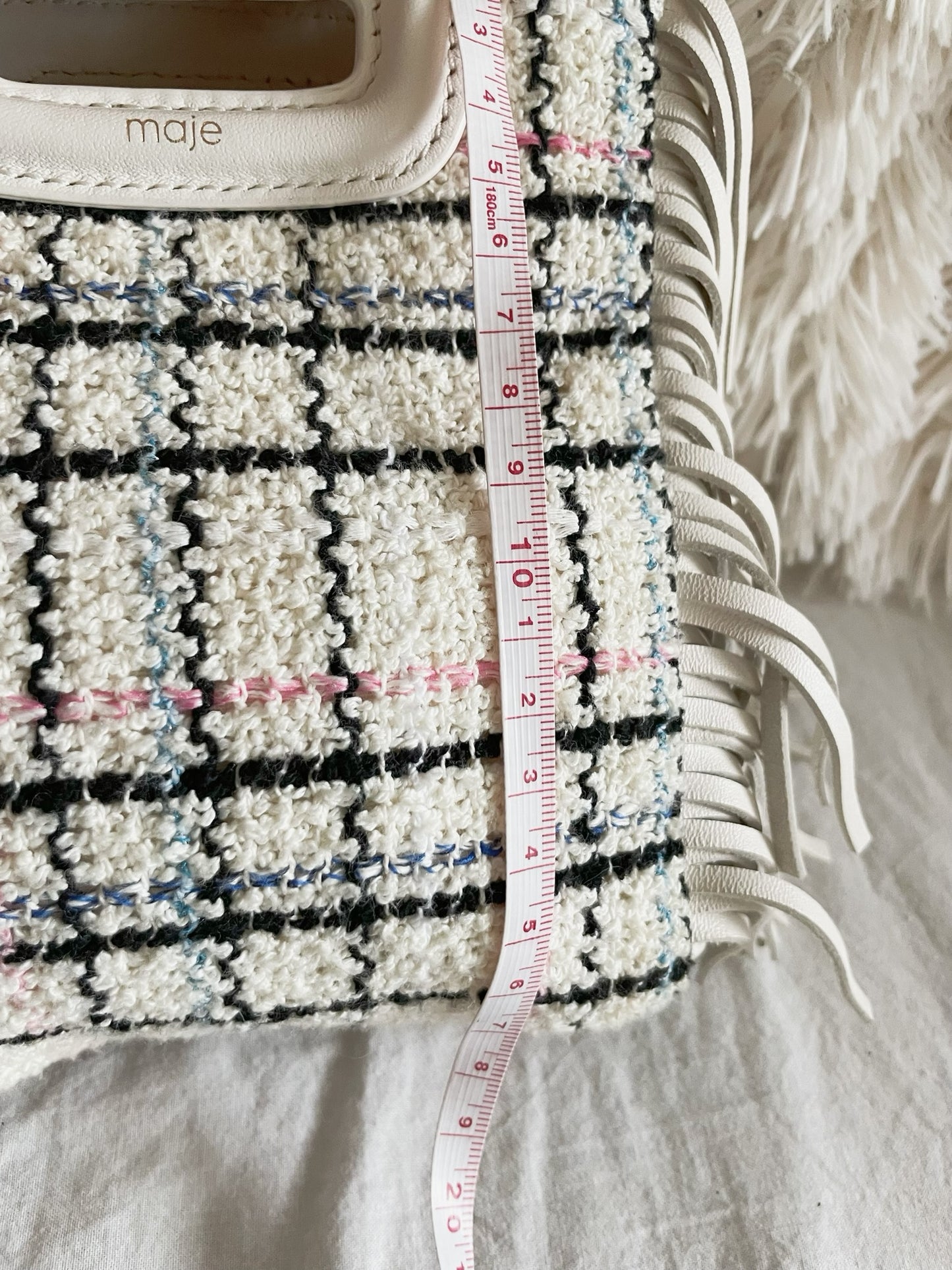 Maje Tweed Mini Bag – White Multicolor Check with Fringe