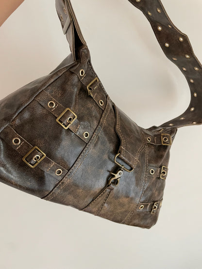 Vintage Buckle Shoulder Bag – Brown Distressed Faux Leather