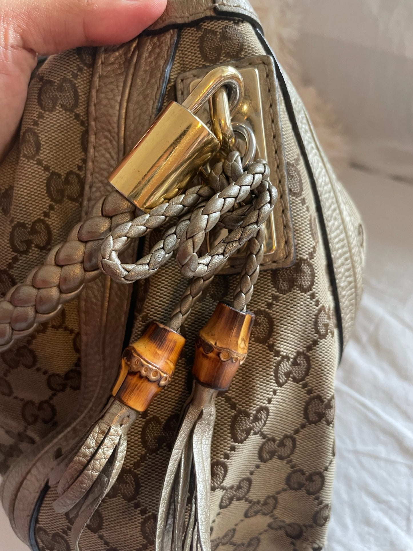 Gucci Large Hobo Bag – GG Canvas with Metallic Leather Trim, Beige/Ebony