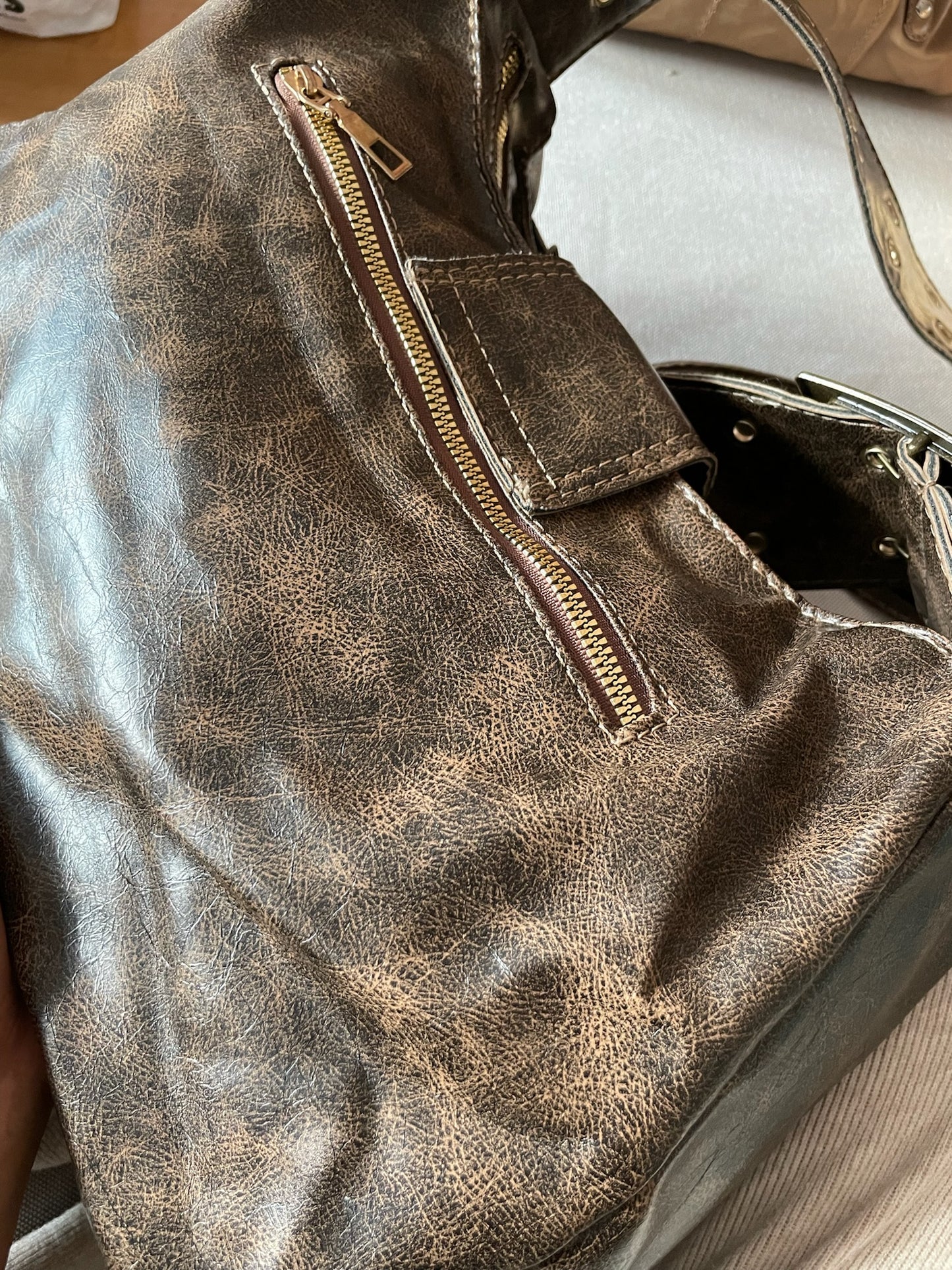 Vintage Buckle Shoulder Bag – Brown Distressed Faux Leather
