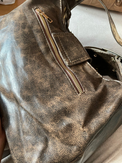 Vintage Buckle Shoulder Bag – Brown Distressed Faux Leather