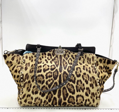 Valentino Leopard Pony Hair Rockstud Tote Bag – Brown/Gold