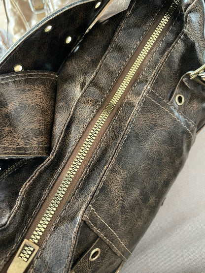 Vintage Buckle Shoulder Bag – Brown Distressed Faux Leather