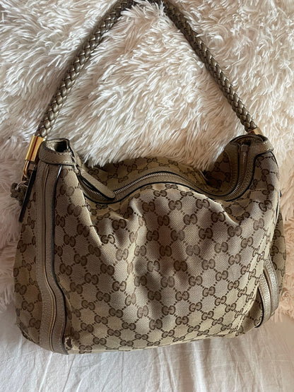Gucci Large Hobo Bag – GG Canvas with Metallic Leather Trim, Beige/Ebony