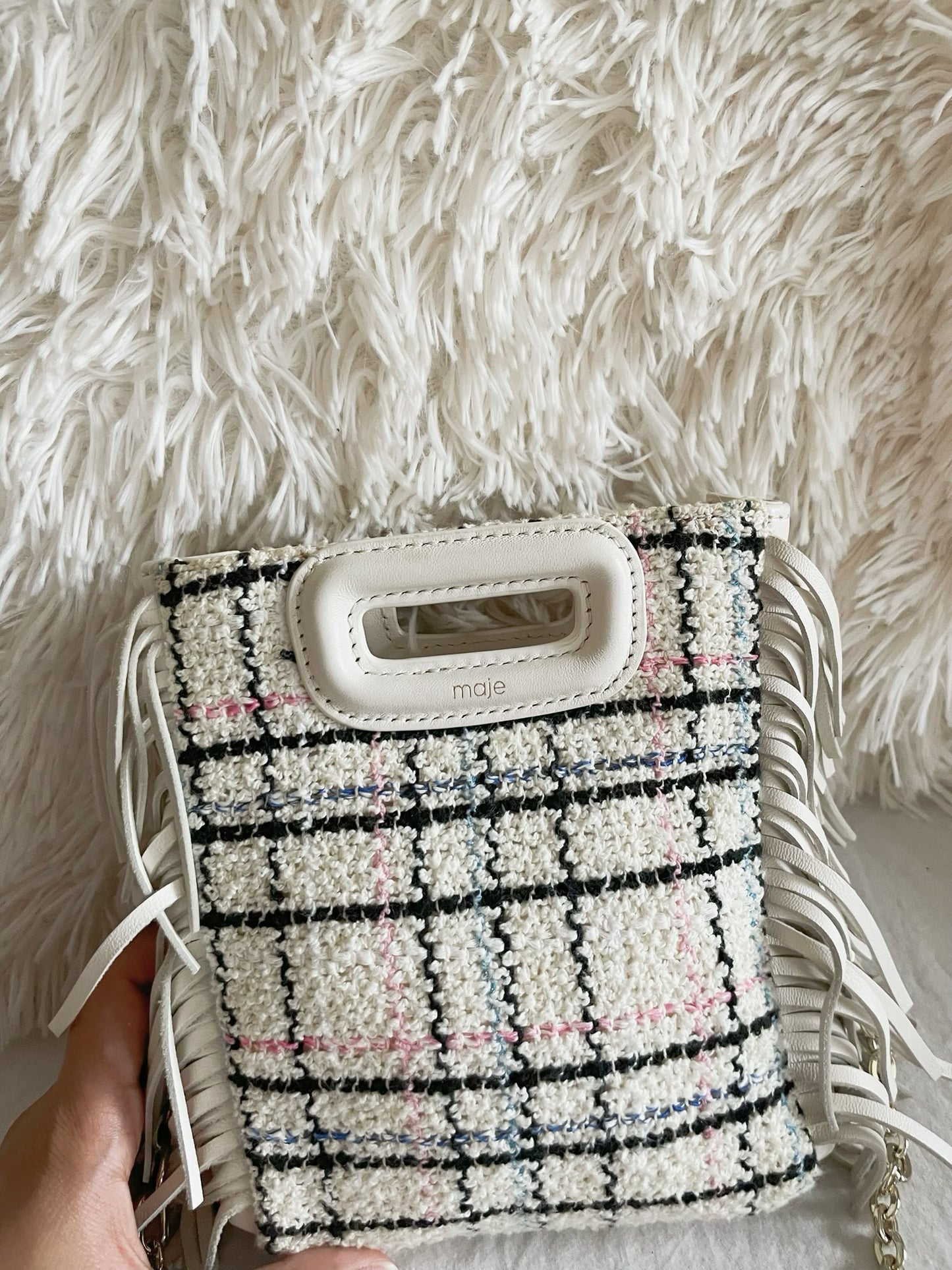 Maje Tweed Mini Bag – White Multicolor Check with Fringe