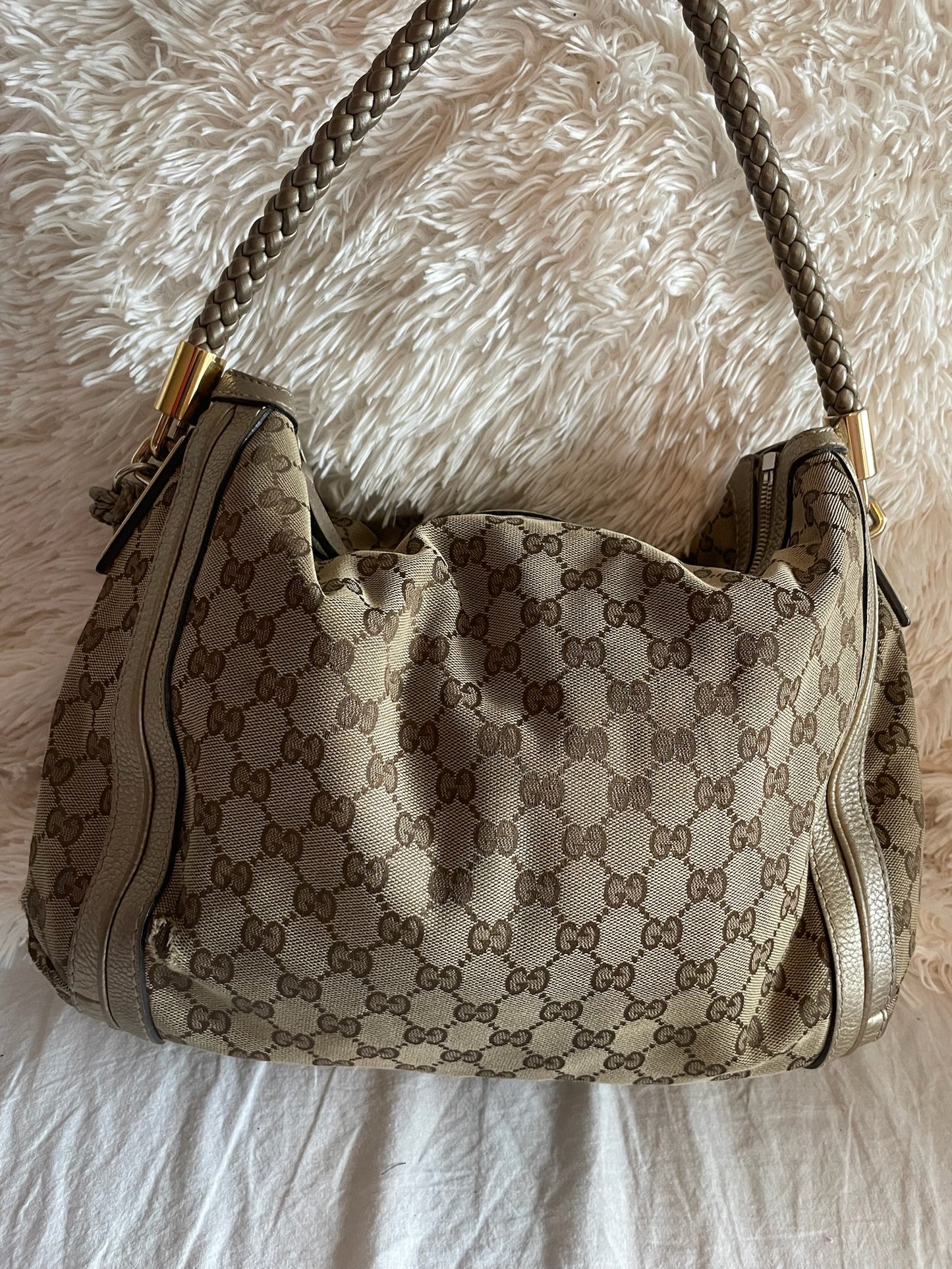 Gucci Large Hobo Bag – GG Canvas with Metallic Leather Trim, Beige/Ebony