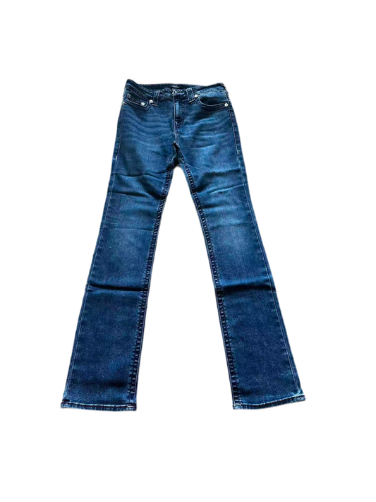 True Religion Billie Mid Rise Straight Jeans – Dark Wash, Red Stitching