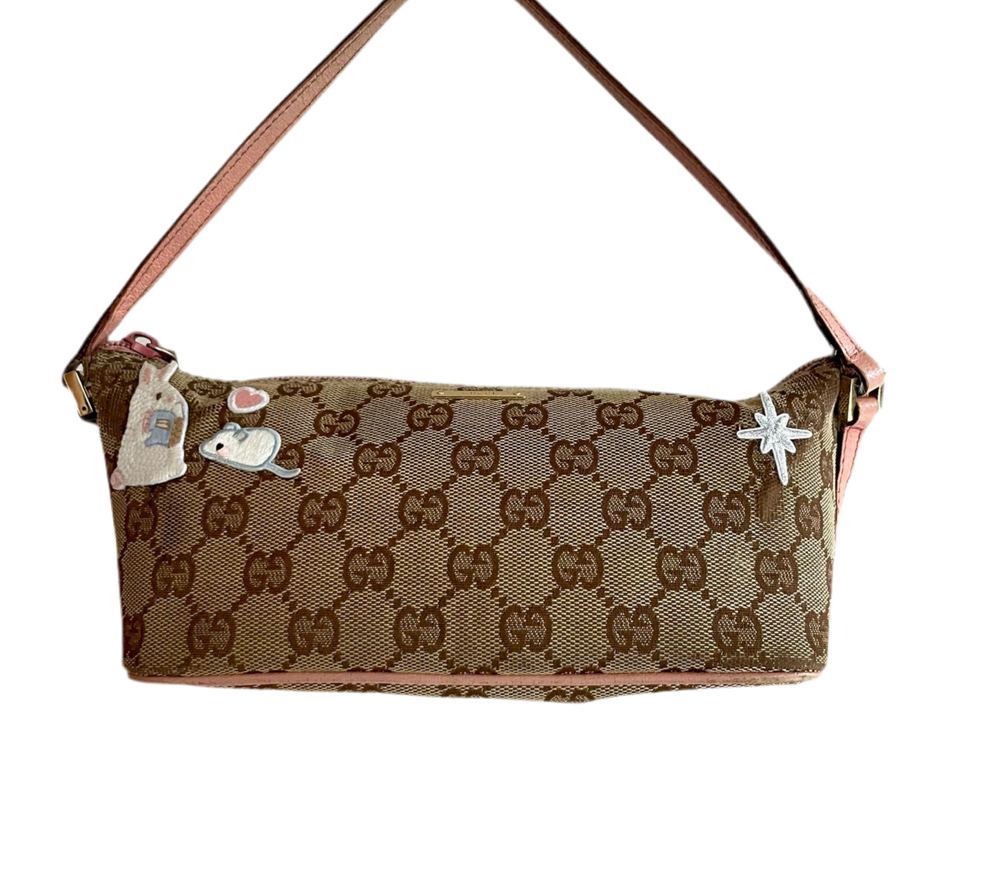 Gucci GG Canvas Shoulder Bag with Pink Leather Trim