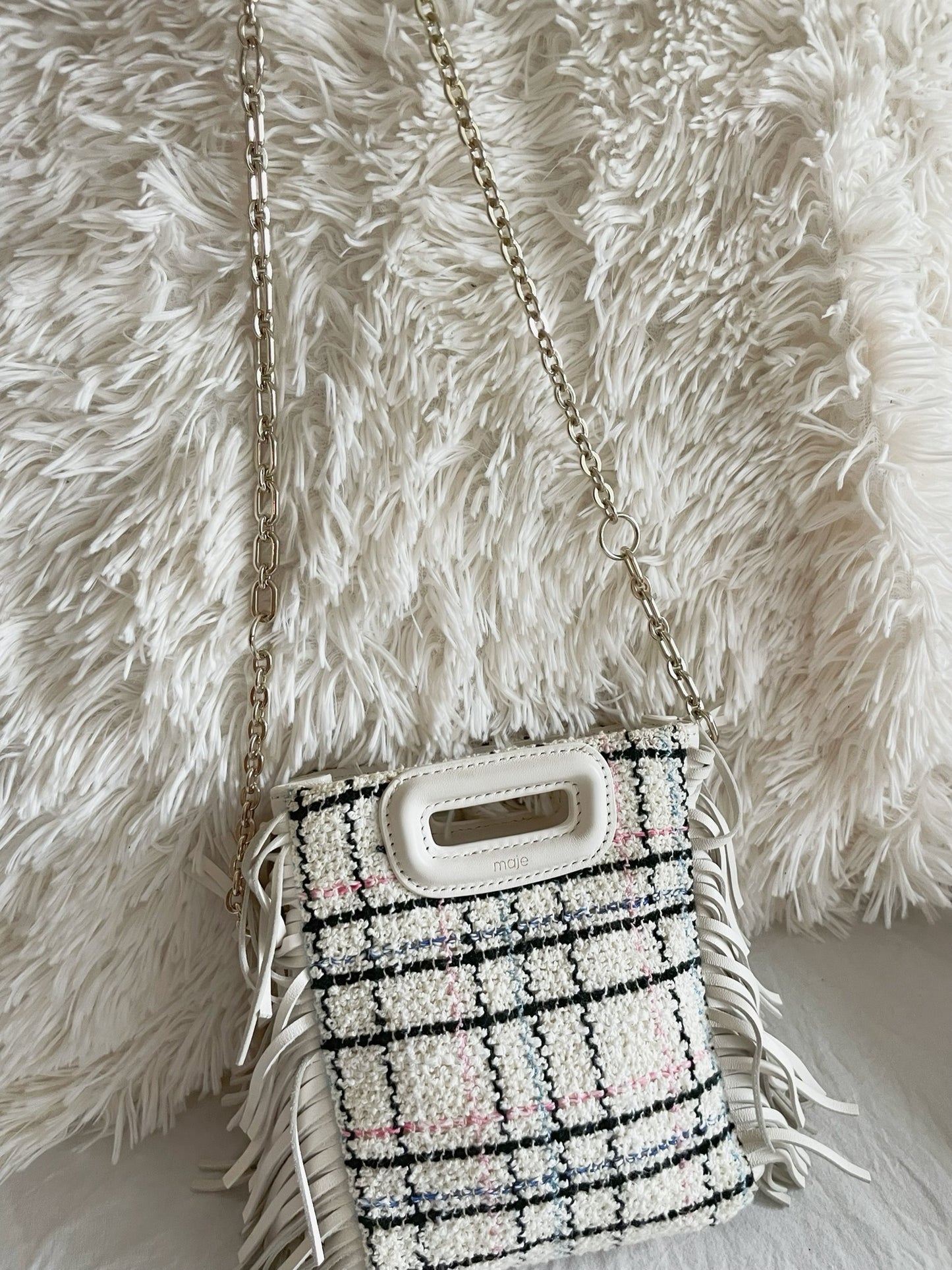 Maje Tweed Mini Bag – White Multicolor Check with Fringe
