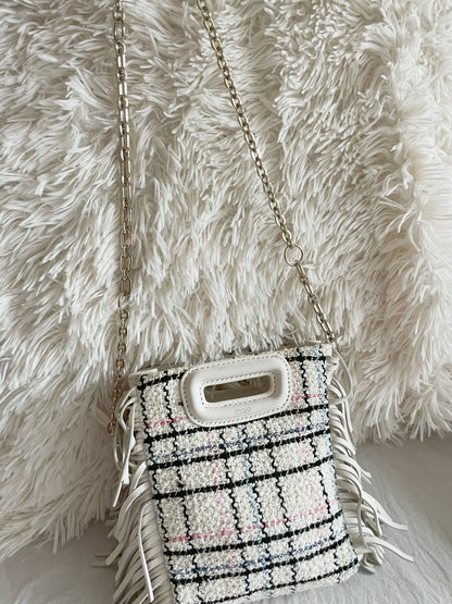 Maje Tweed Mini Bag – White Multicolor Check with Fringe