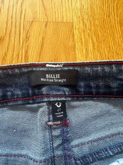 True Religion Billie Mid Rise Straight Jeans – Dark Wash, Red Stitching