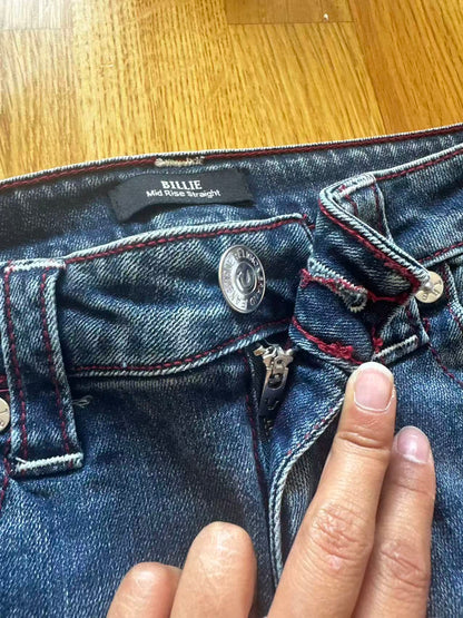True Religion Billie Mid Rise Straight Jeans – Dark Wash, Red Stitching