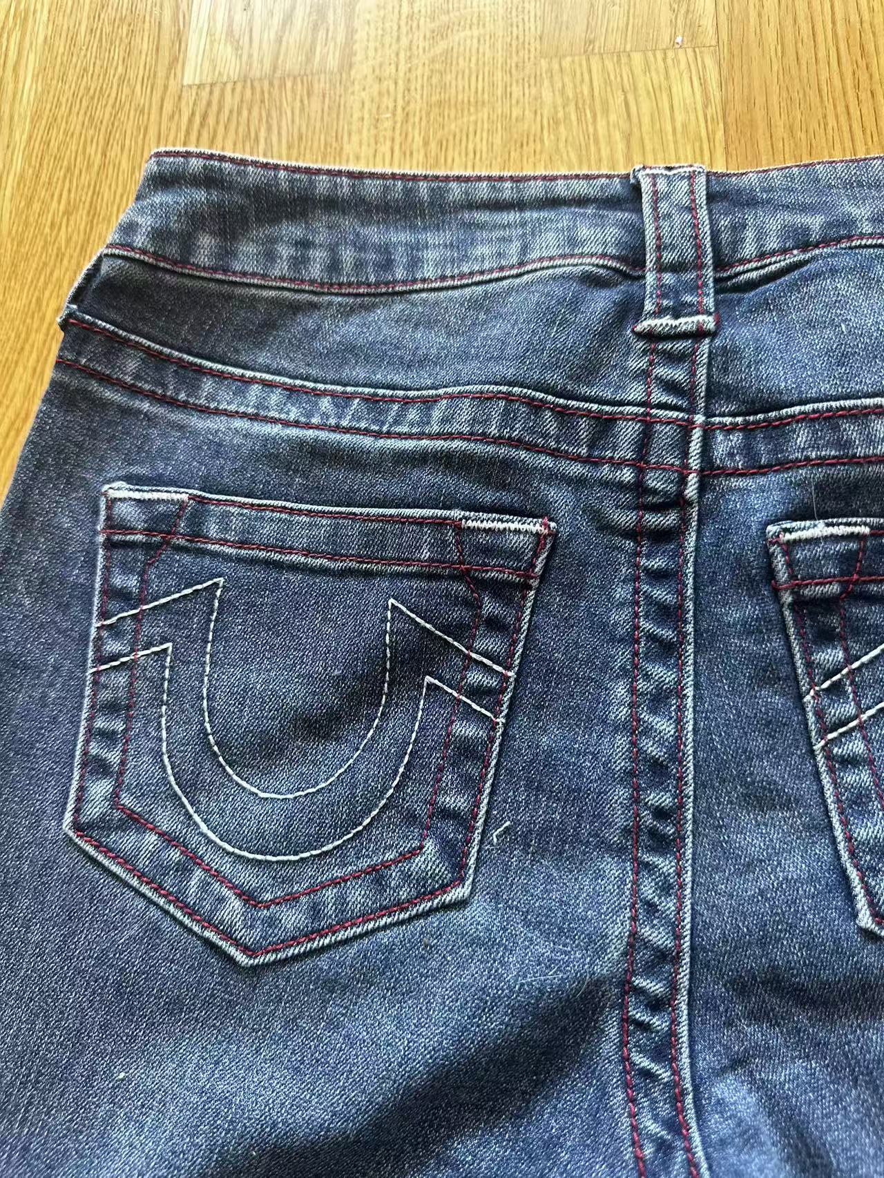 True Religion Billie Mid Rise Straight Jeans – Dark Wash, Red Stitching