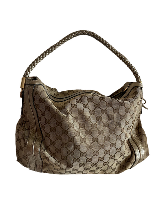 Gucci Large Hobo Bag – GG Canvas with Metallic Leather Trim, Beige/Ebony