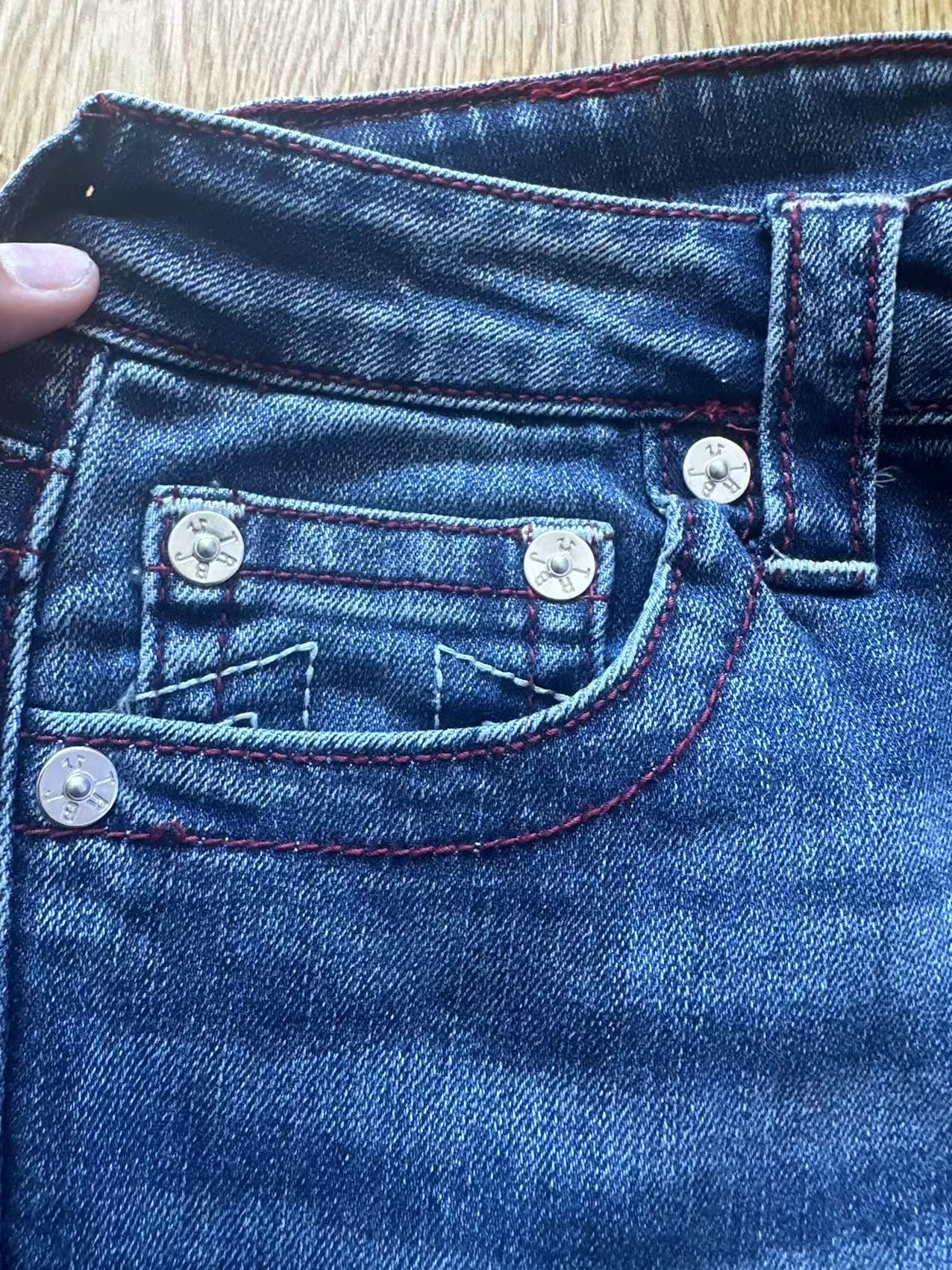 True Religion Billie Mid Rise Straight Jeans – Dark Wash, Red Stitching