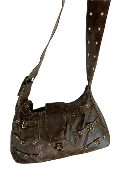 Vintage Buckle Shoulder Bag – Brown Distressed Faux Leather