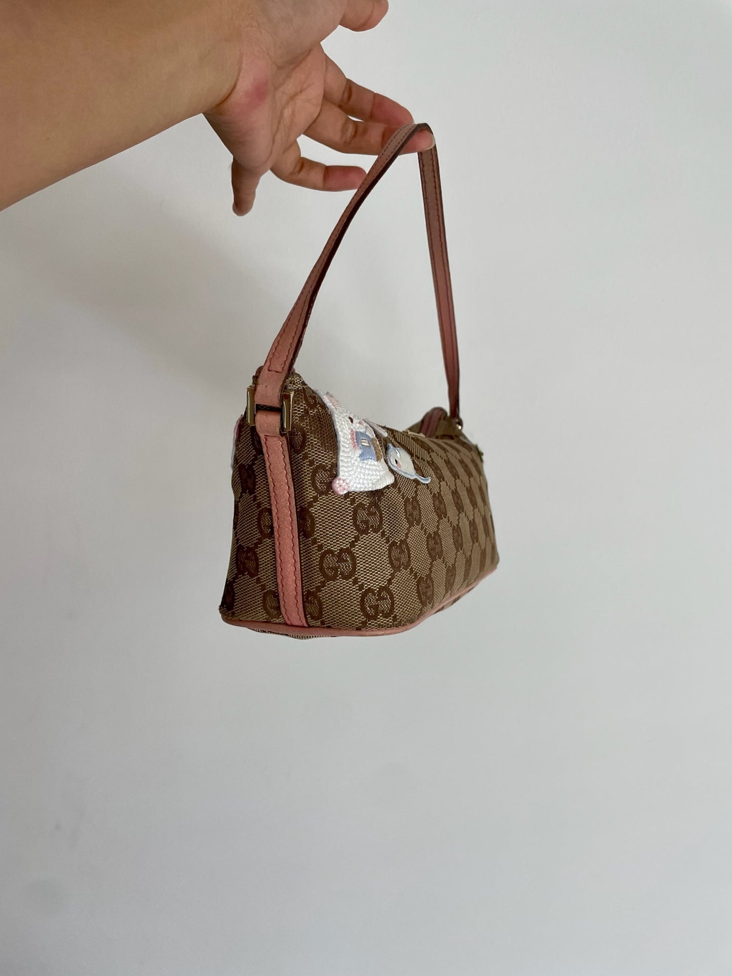 Gucci GG Canvas Shoulder Bag with Pink Leather Trim