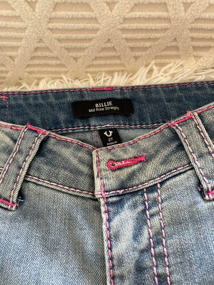 True Religion Billie Mid Rise Straight Jeans – Light Wash with Pink Stitching