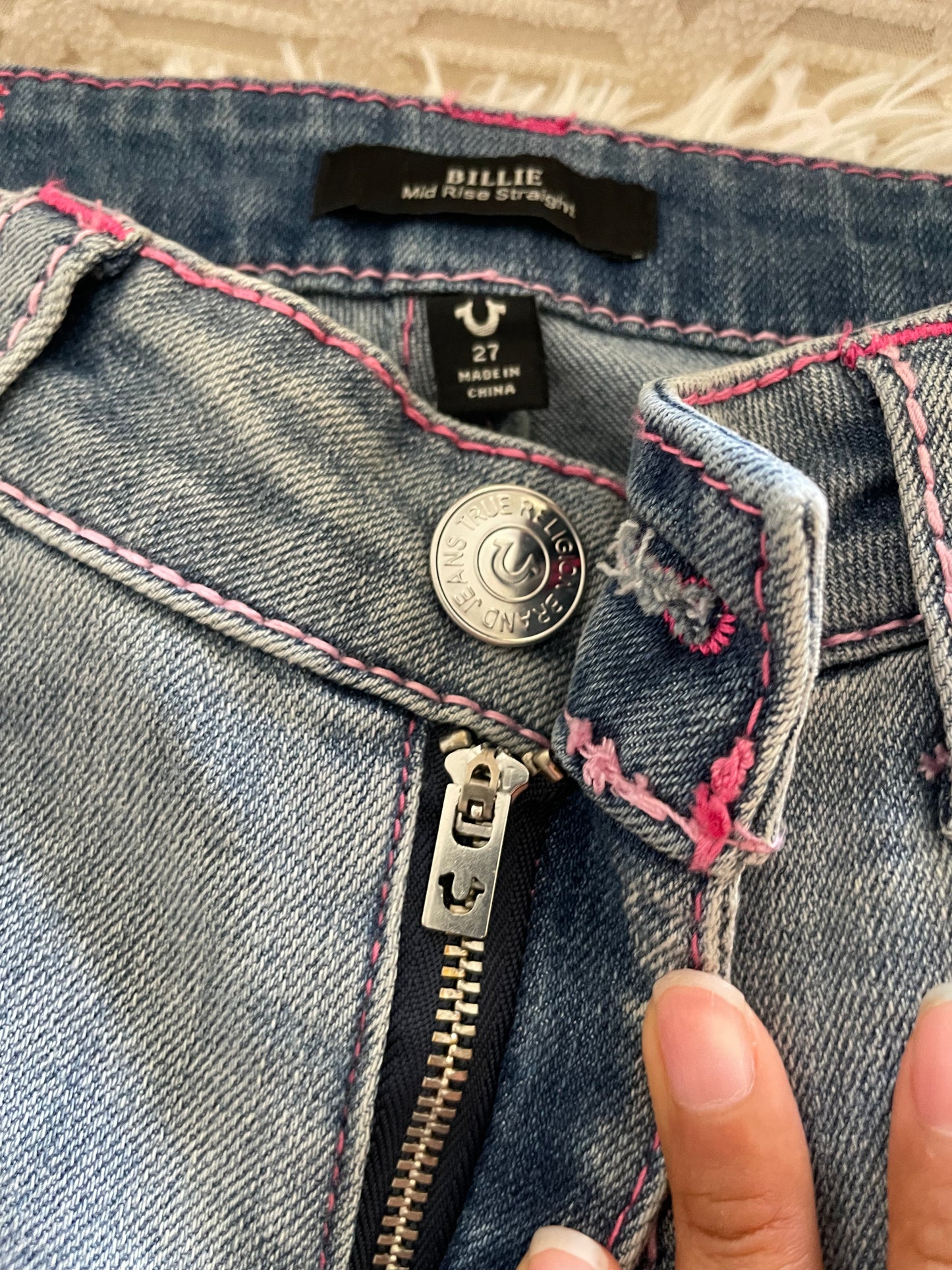 True Religion Billie Mid Rise Straight Jeans – Light Wash with Pink Stitching