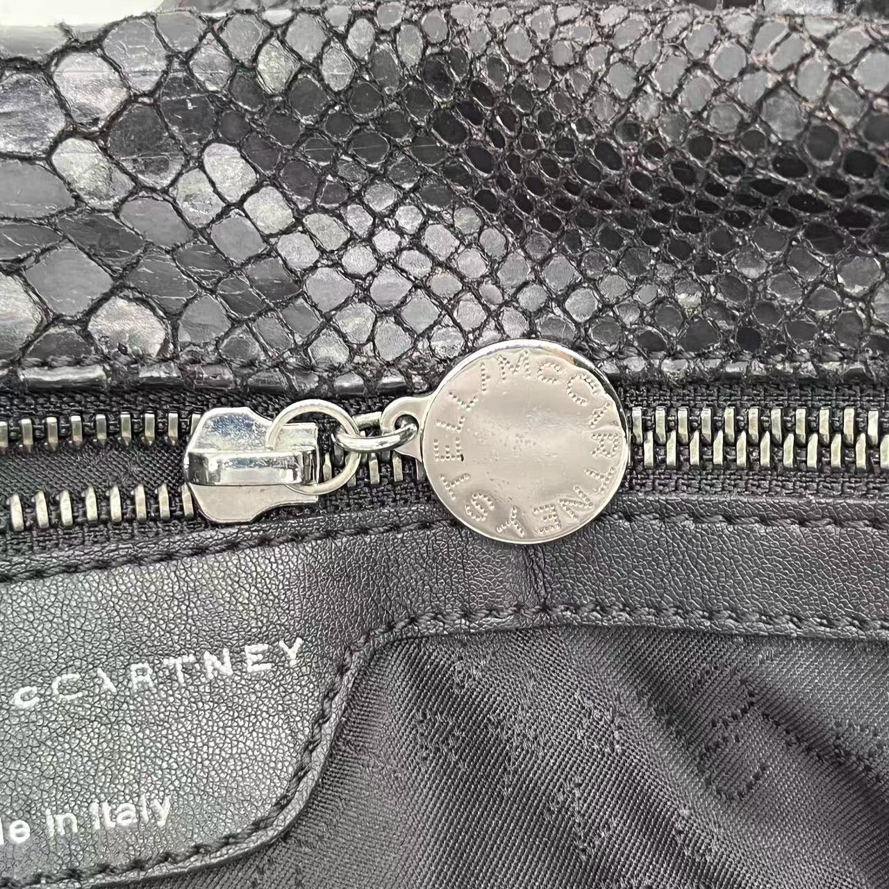 Stella McCartney Falabella Tote – Black Snake-Embossed Vegan Leather