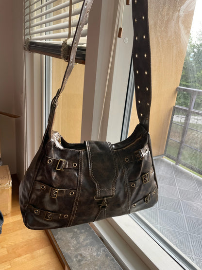 Vintage Buckle Shoulder Bag – Brown Distressed Faux Leather